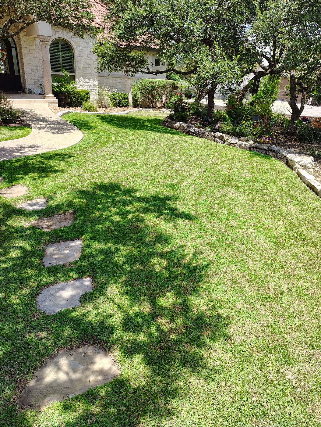 Manicured lawn with curved edges and stone steppers