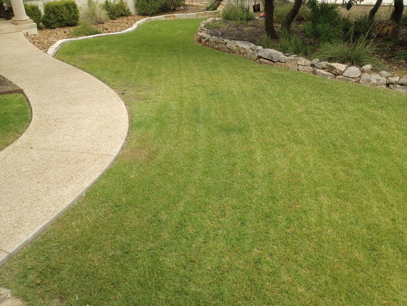 Lawn with mowing stripes and shaped edges along stone borders